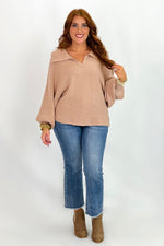 Taupe Collared Dolman Sleeve Ribbed Sweater