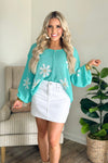 Paradise Mint Balloon Sleeve Floral Sweater