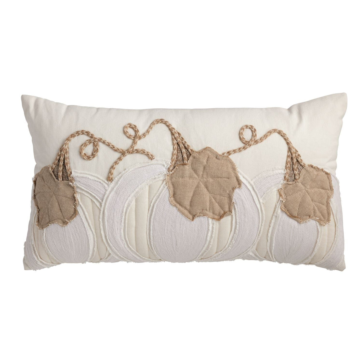Cream and tan lumbar pillow with an appliqued pumpkin