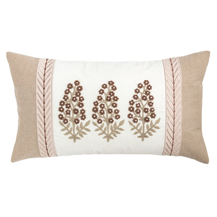 Lumbar Ribbon Trim Pillow, Cream and Natural Floral Embroidered - Lavish Boutique11-GIFTS