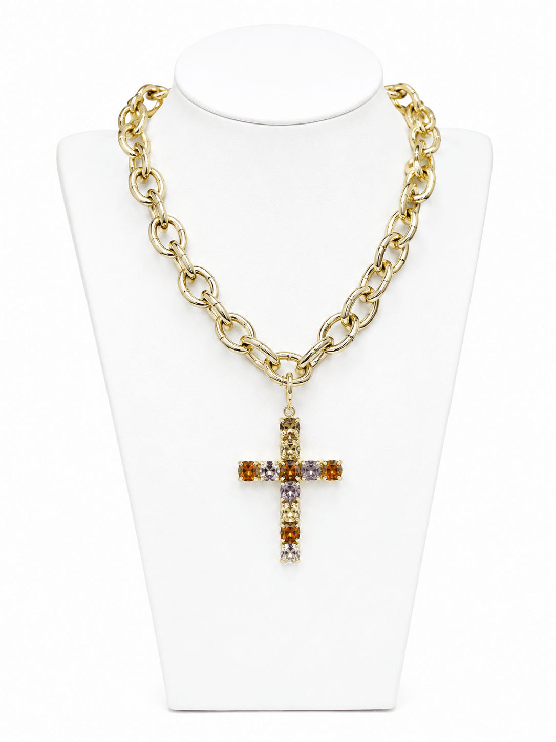 Crystal cross pendant on a beaded gemstone necklace