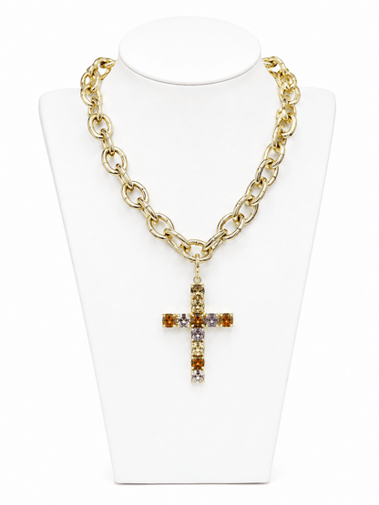 Crystal cross pendant on a beaded gemstone necklace