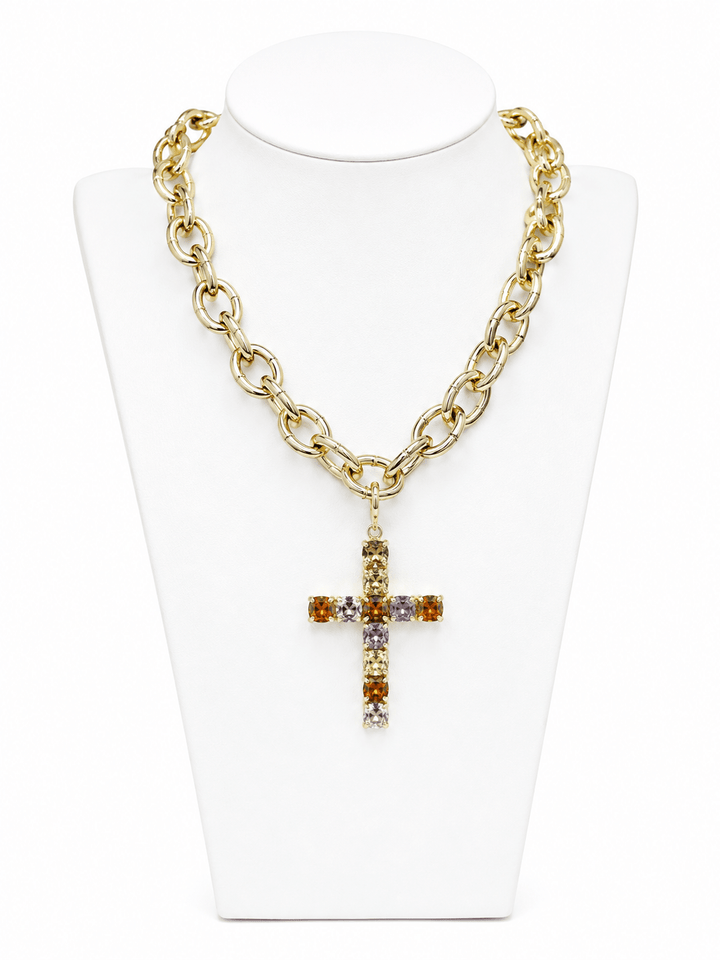 Crystal cross pendant on a beaded gemstone necklace