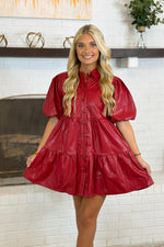 Burgundy Faux Leather Puff Sleeve Dress