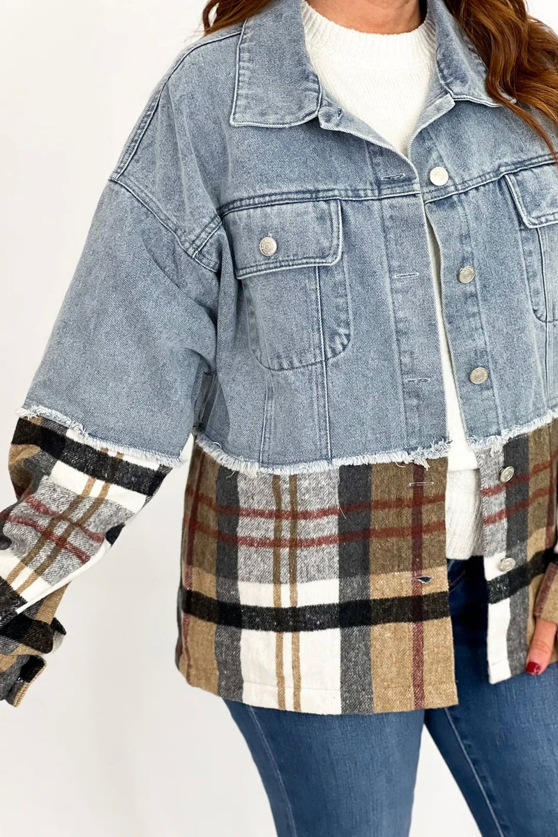 Denim Color Block Plaid Denim Jacket