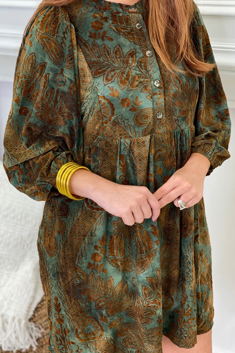 Dusty Green Velvet Patterned Long Sleeve Dress