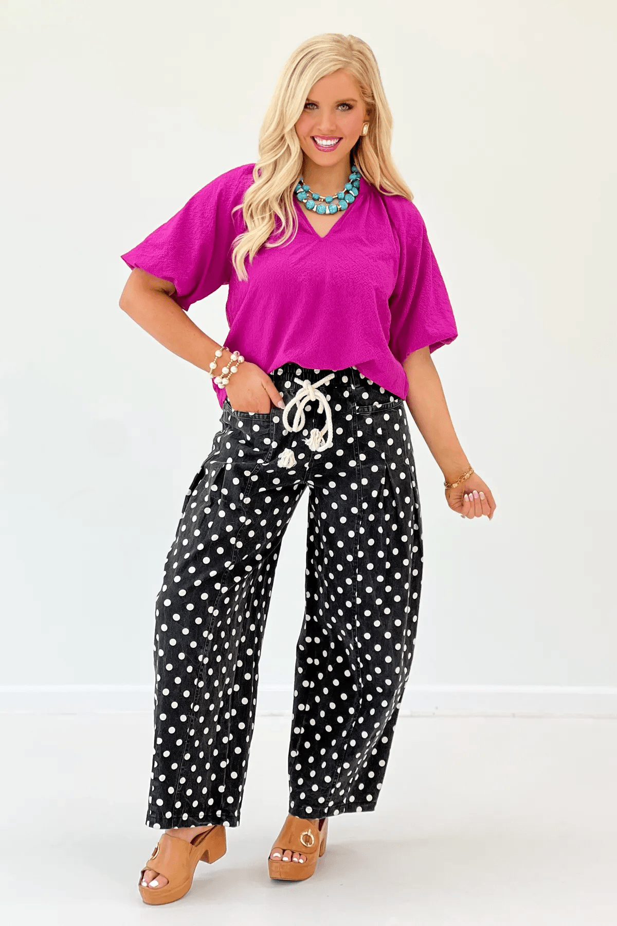 Bright magenta blouse with balloon sleeve volume