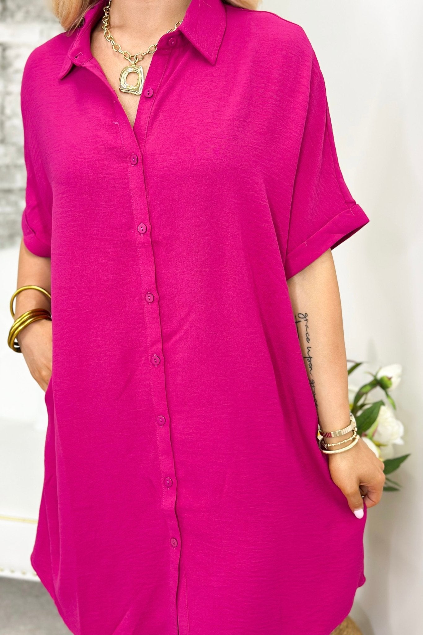 Magenta Collared Button Down Dress - Lavish BoutiqueDresses