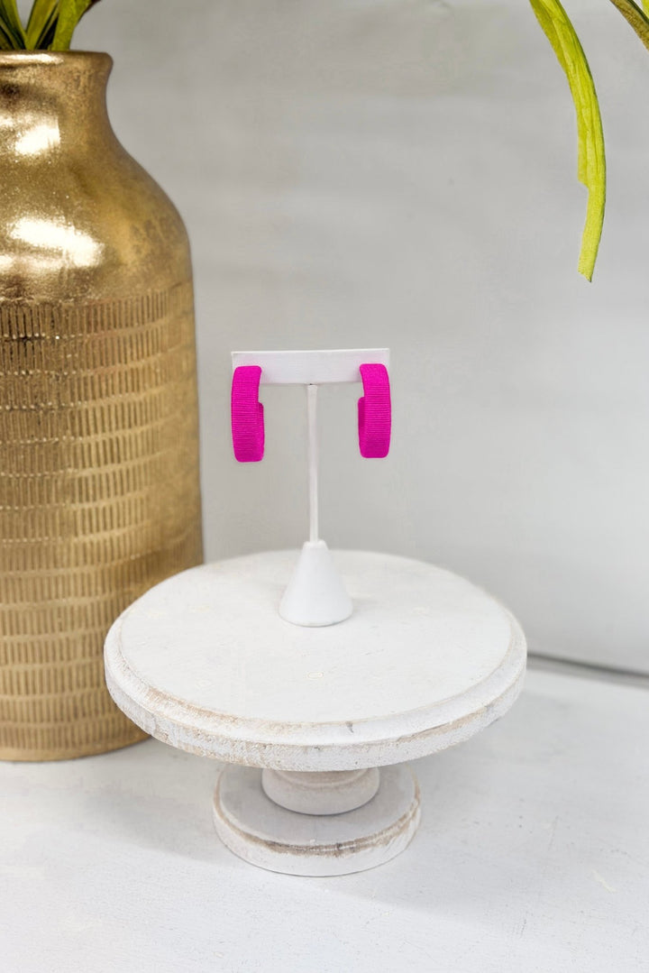 Magenta thread wrapped hoop earrings