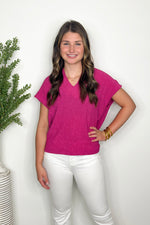 Fuchsia Textured V-Neck Short Sleeve Top