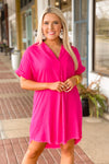 Hot Pink Linen V-Neck Collared Dress