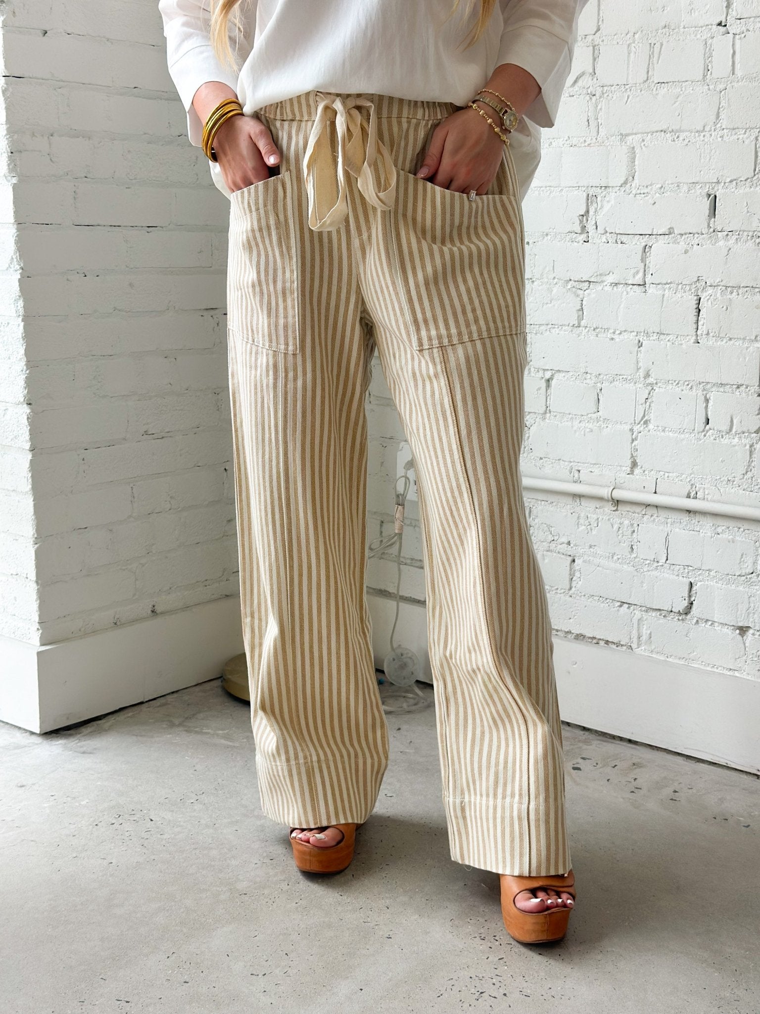 Taupe and natural stripe washed wide leg pants
