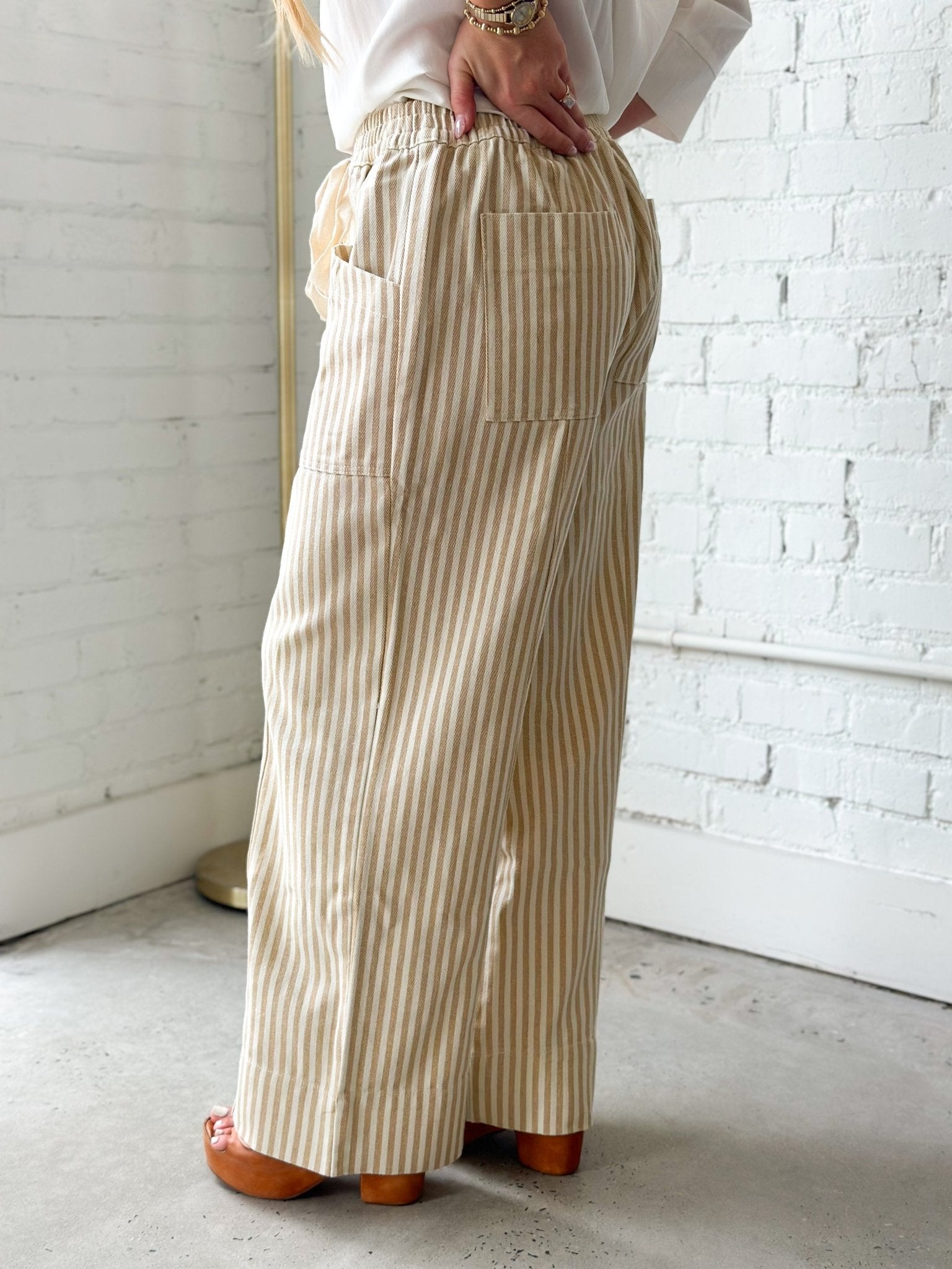 Washed stripe pants in taupe and natural with a wide leg