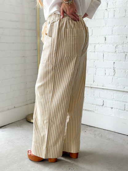 Washed stripe pants in taupe and natural with a wide leg
