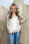 White/Taupe Lace Up V-Neck Sweater