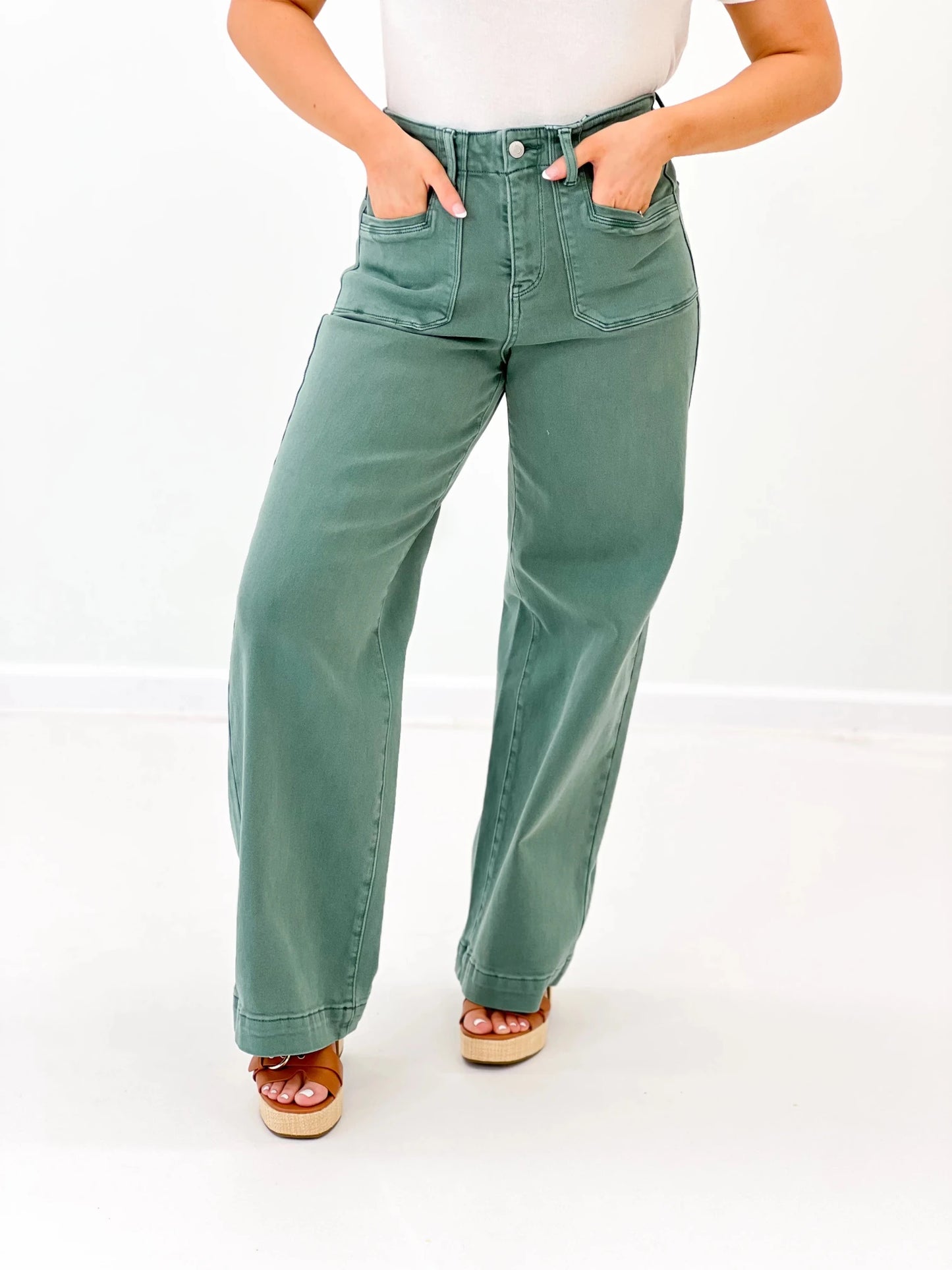Cilantro green high rise wide leg jeans