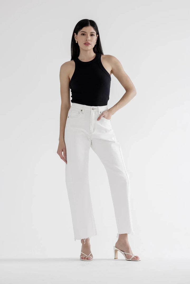 White high rise wide leg jeans with a raw hem