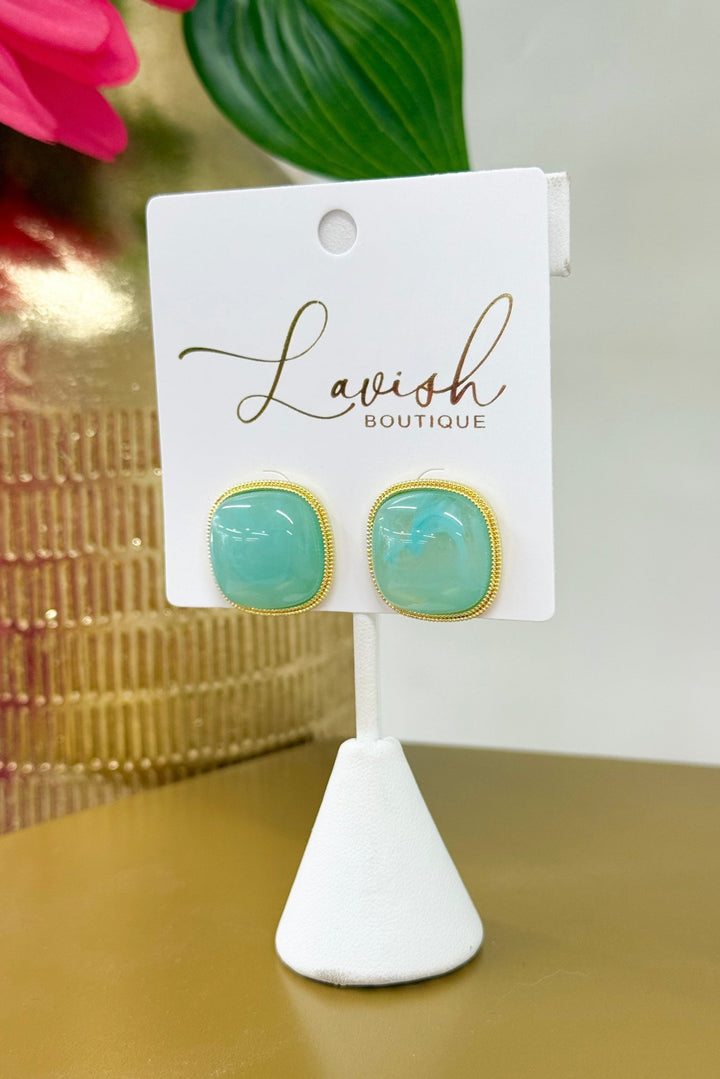 Mint marbled square stone earrings with gold framing