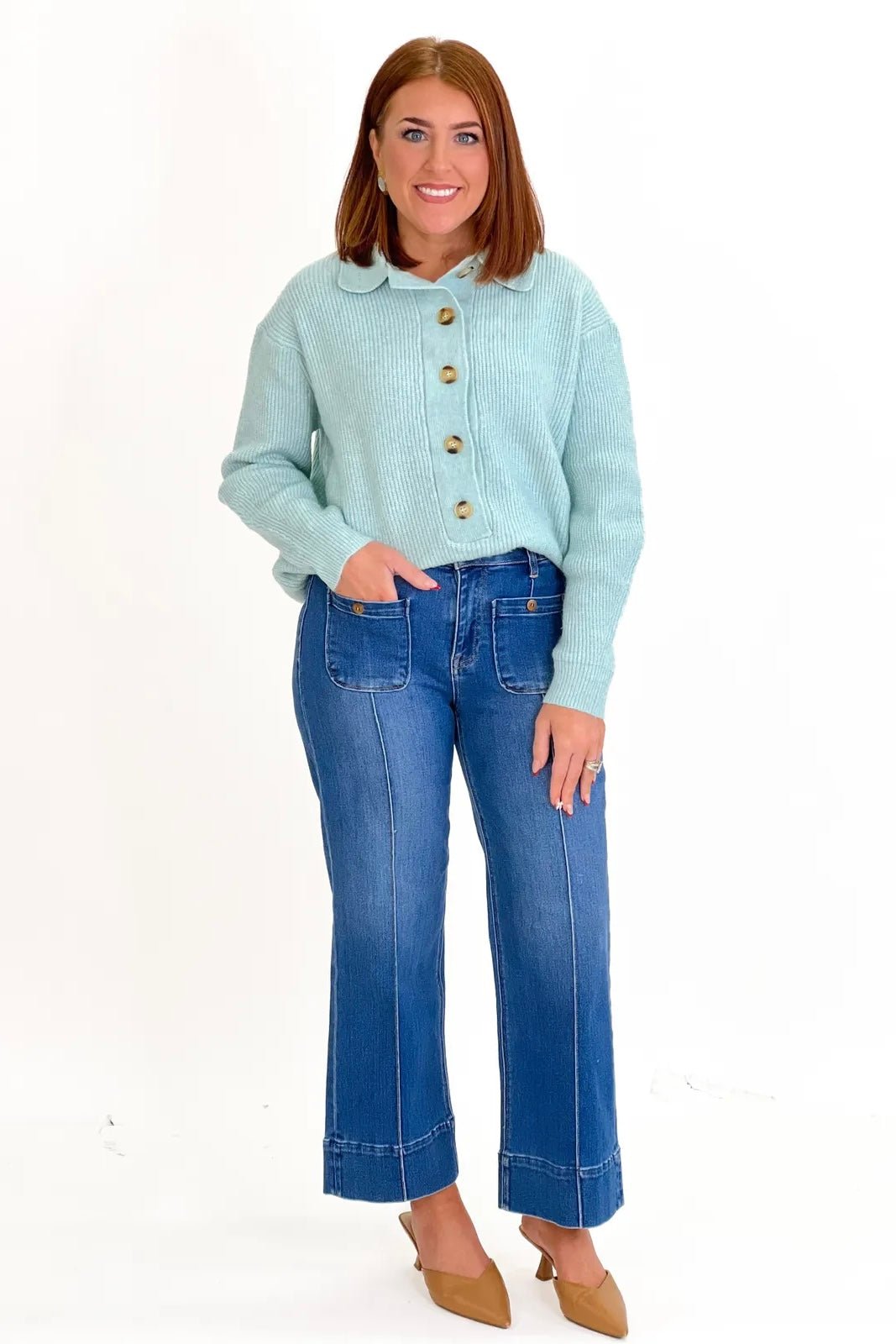 Mint Long Sleeve Button Up Sweater - Lavish Boutique Tops
