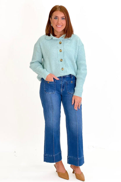 Mint Long Sleeve Button Up Sweater - Lavish Boutique Tops