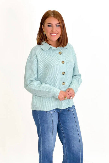 Mint Long Sleeve Button Up Sweater - Lavish Boutique Tops