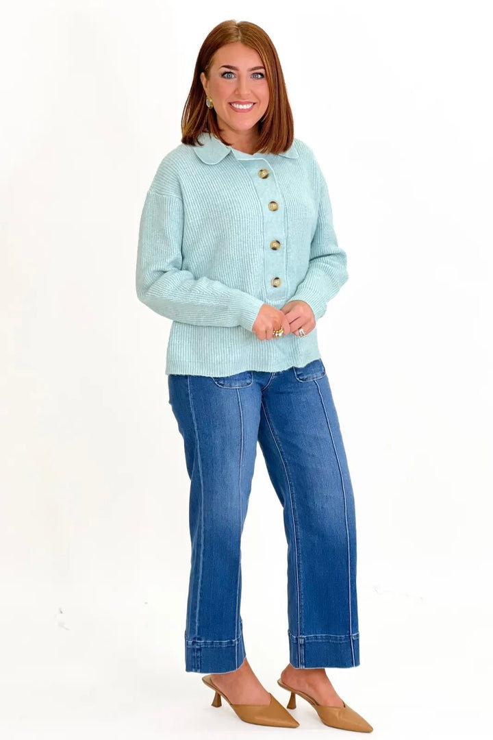 Mint Long Sleeve Button Up Sweater - Lavish Boutique Tops