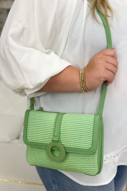 Mint woven straw shoulder bag for travel