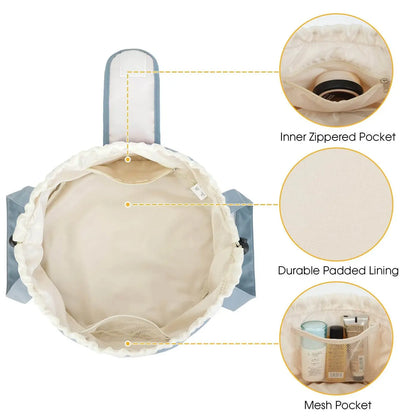 Open makeup bag showing padded lining, inner zip pocket, and mesh pocket