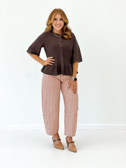 Mini checker pants with a rounded barrel leg and cropped hem