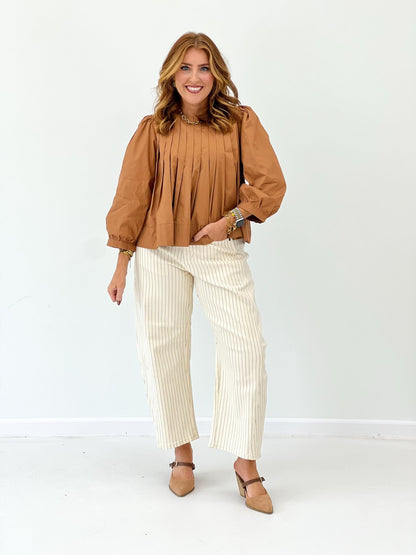 Pinstripe barrel leg pants in cream with a cropped hem
