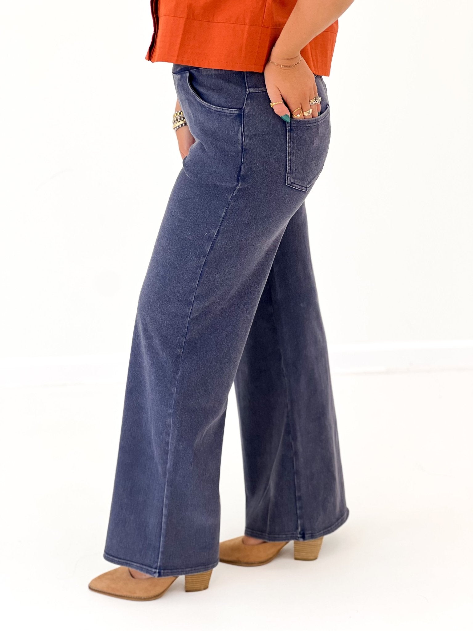 Mittoshop Stretch Washed Wide Leg Pant - Lavish Boutique02-BOTTOMS