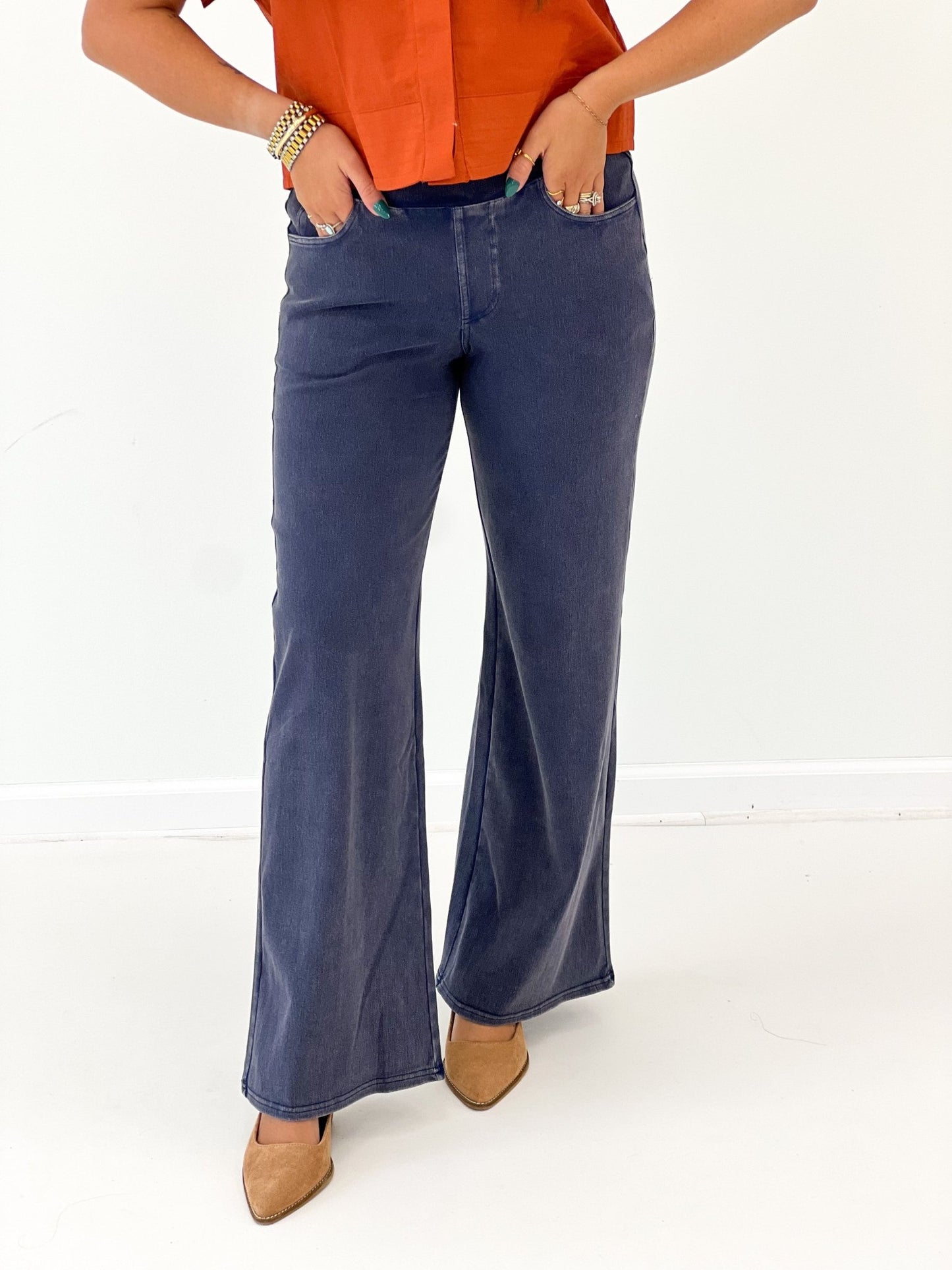 Mittoshop Stretch Washed Wide Leg Pant - Lavish Boutique02-BOTTOMS