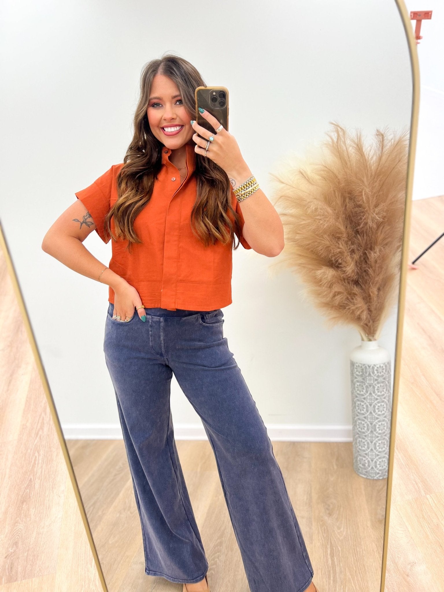 Mittoshop Stretch Washed Wide Leg Pant - Lavish Boutique02-BOTTOMS