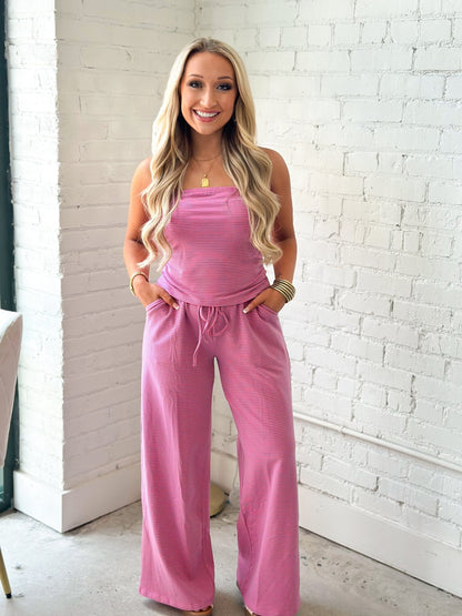Striped two piece set with a strapless top and pants