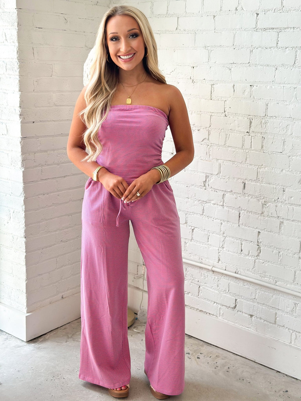 Pink striped tube top with matching pants