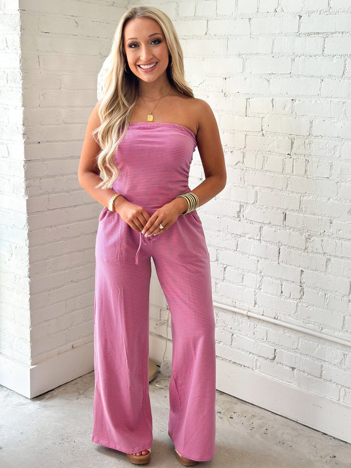 Pink striped tube top with matching pants