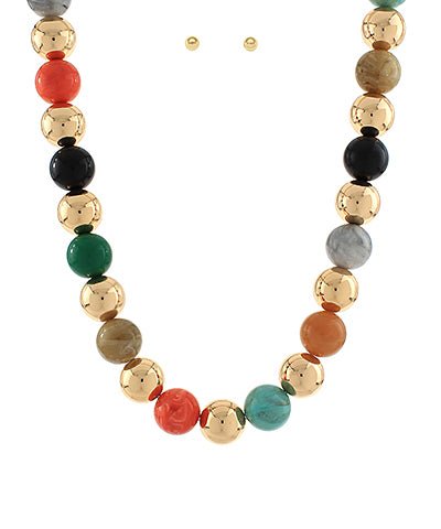 Multicolor stone and gold ball necklace