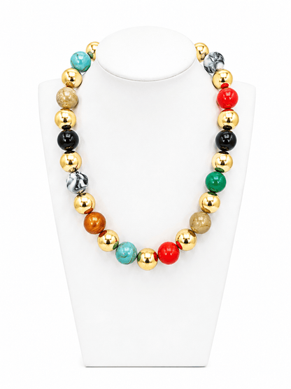 Multicolor stone necklace with gold ball beads