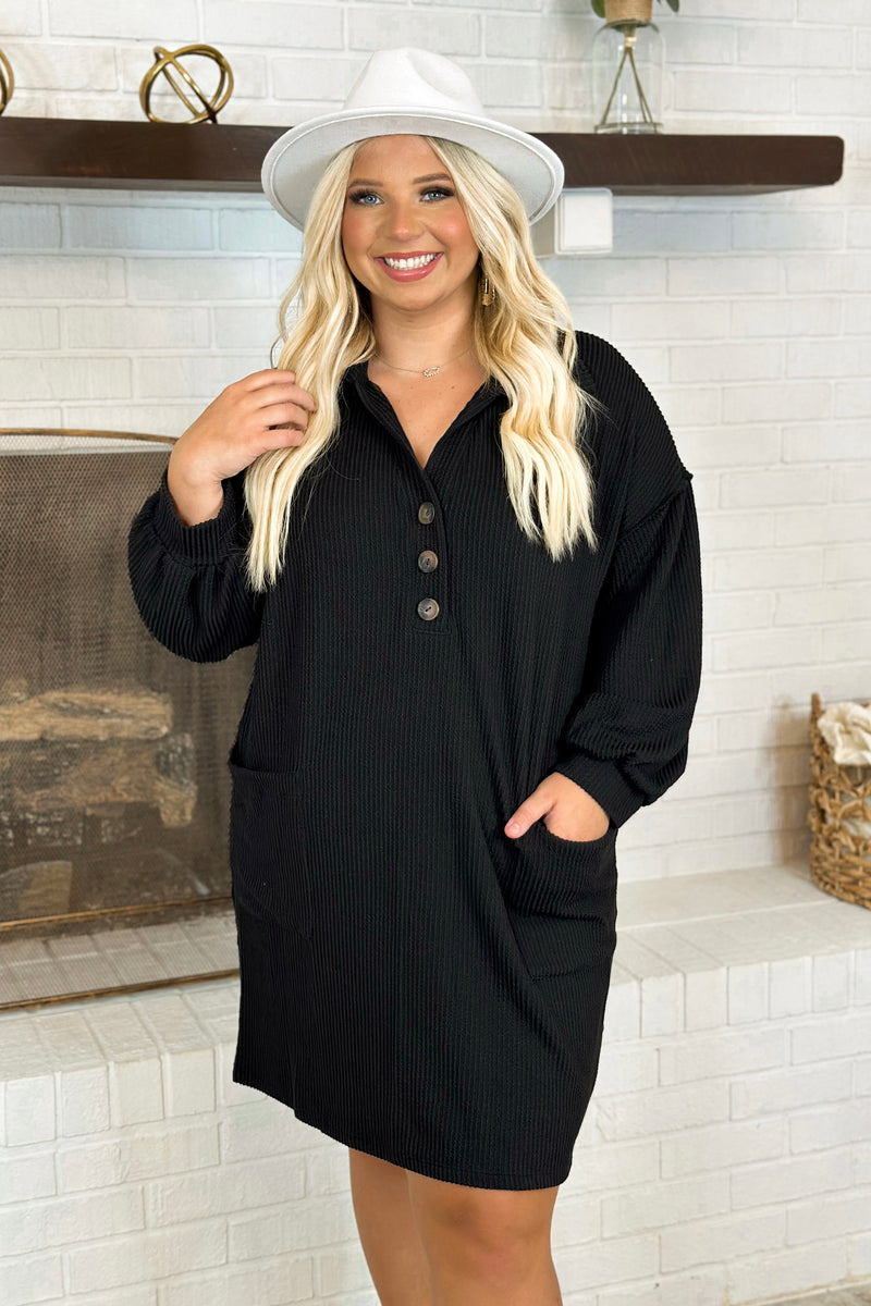 Black Ribbed Long Sleeve Pocket Dress