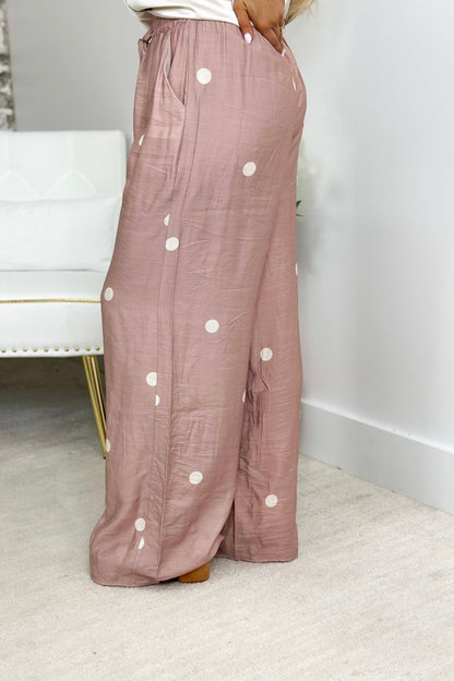 Mocha Polka Dot Wide Leg Pants - Lavish BoutiqueBottoms