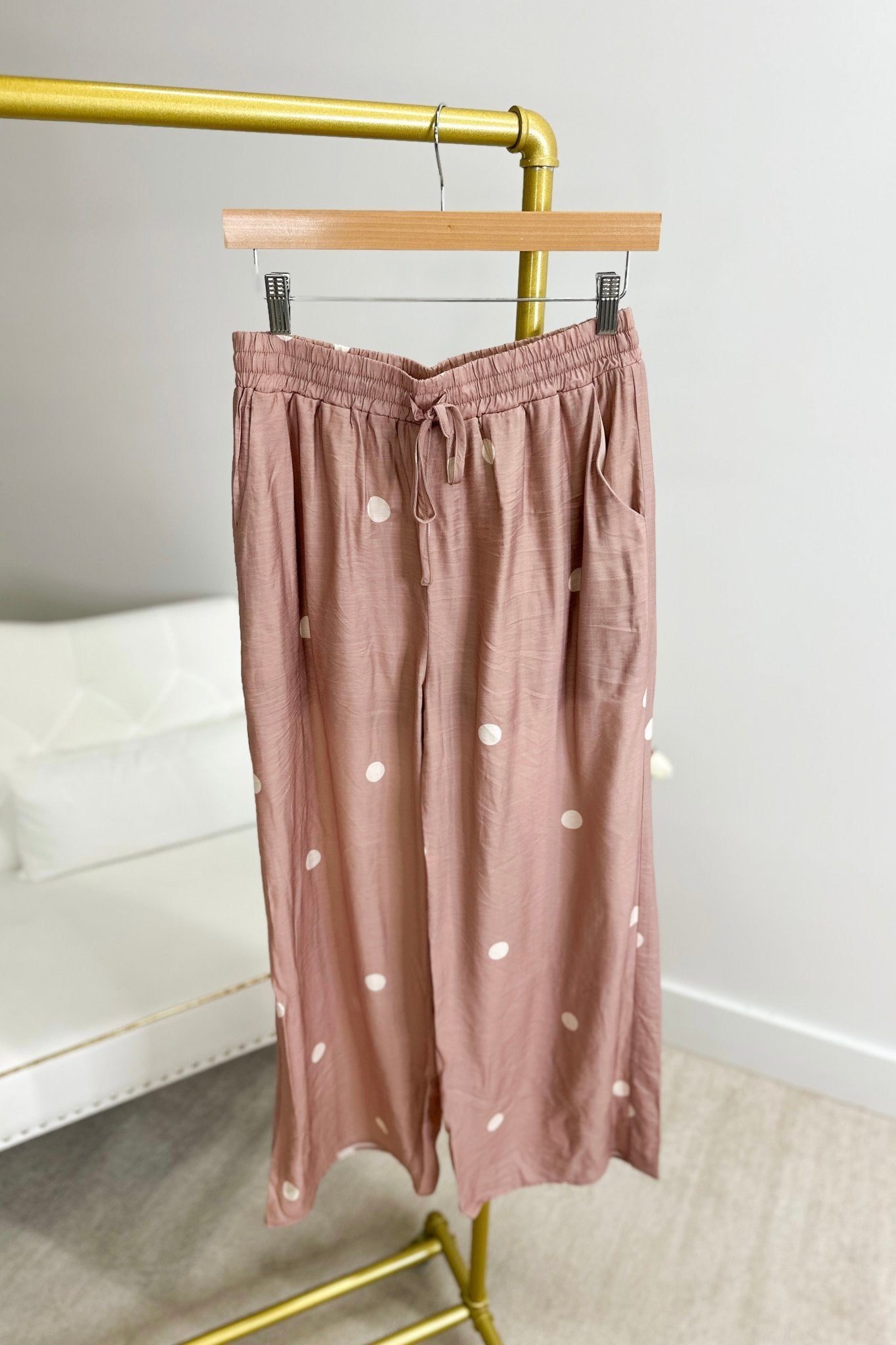 Mocha Polka Dot Wide Leg Pants - Lavish BoutiqueBottoms