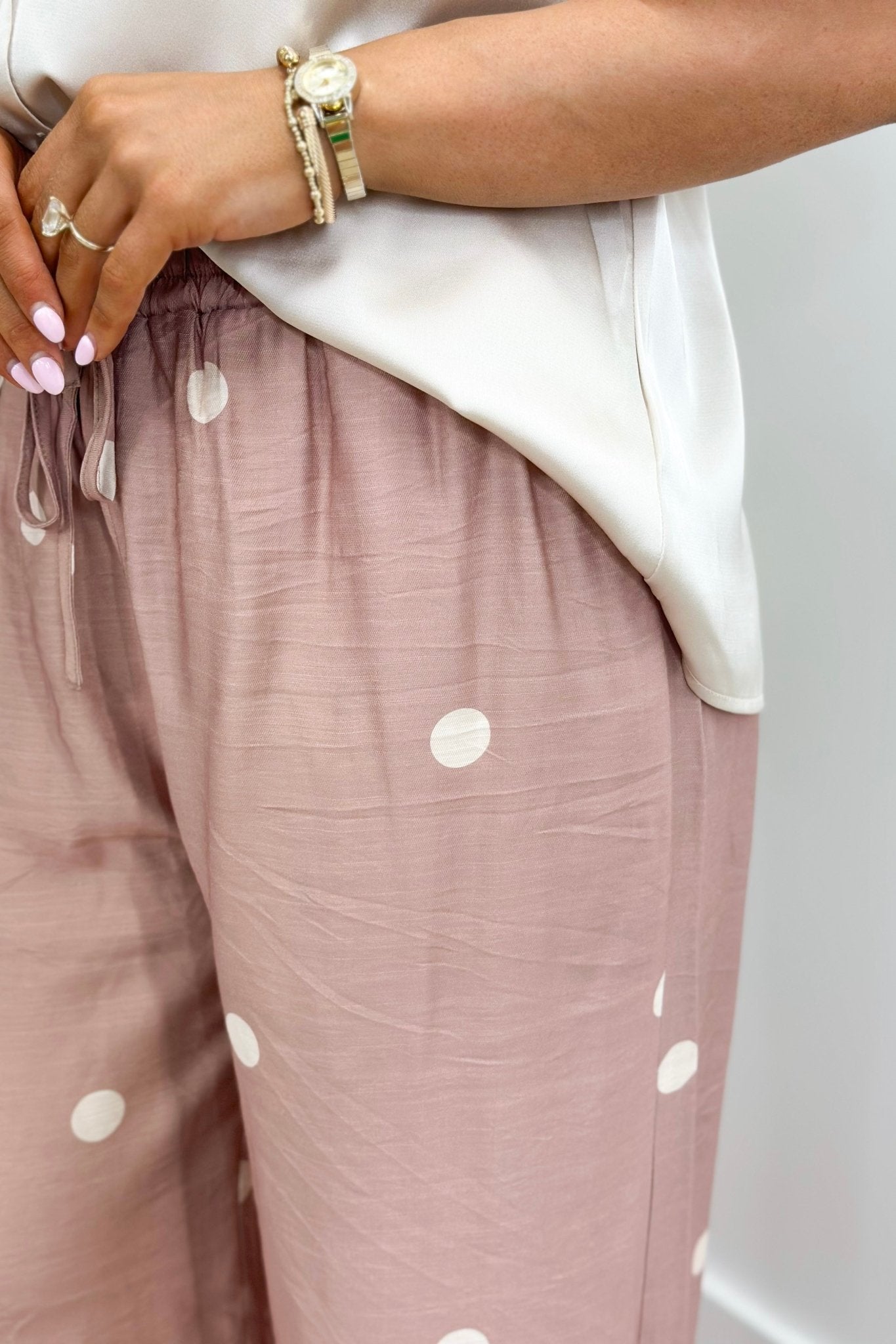 Mocha Polka Dot Wide Leg Pants - Lavish BoutiqueBottoms