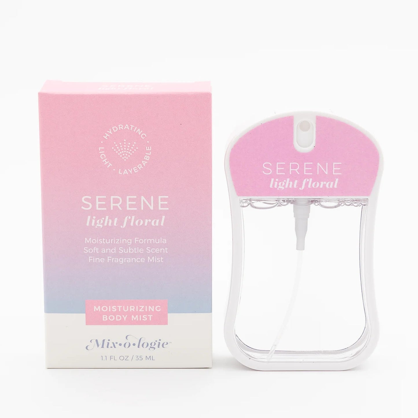 Moisturizing body mist in Serene, a light floral scent