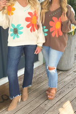 Chocolate Floral Pattern V-Neck Sweater