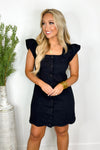 Black Square Neck Quilted Button Dress