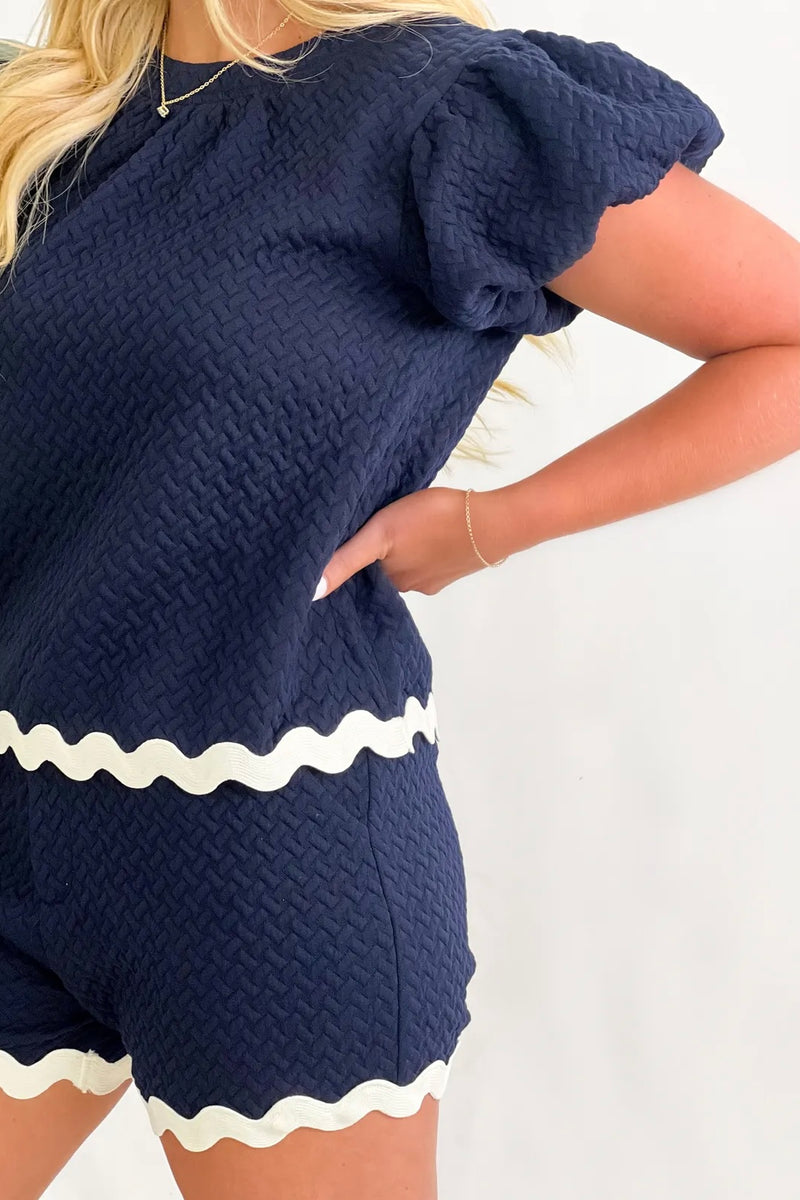 Navy Wavy Trim Puff Sleeve Top & Shorts Set