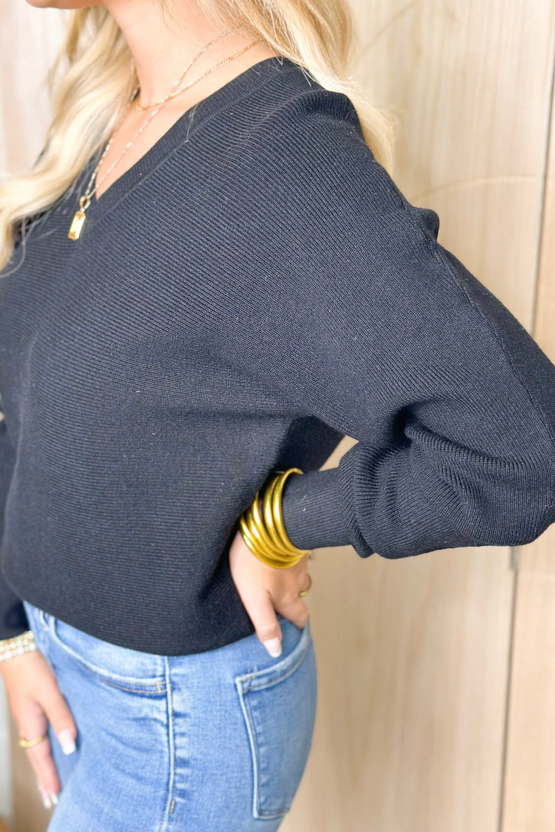 Black Ribbed V-Neck Oversized Sweater