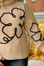 Tan and Black Long Sleeve Polar Neck Flower Sweater