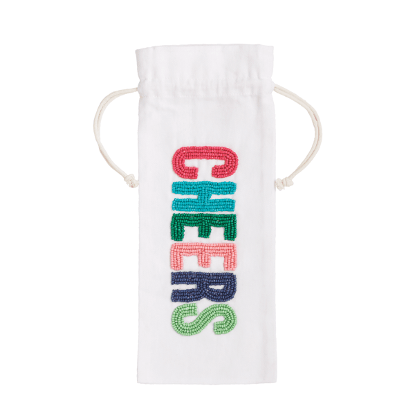 Beaded wine bottle bag lettered Cheers