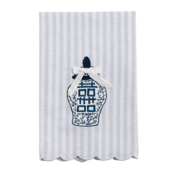 Kitchen towel embroidered with a ginger jar motif